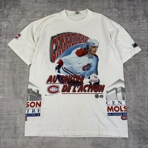 Vtg Montreal Canadiens Shirt Mens Large White 90s Bulletin Wrap Around AOP NHL